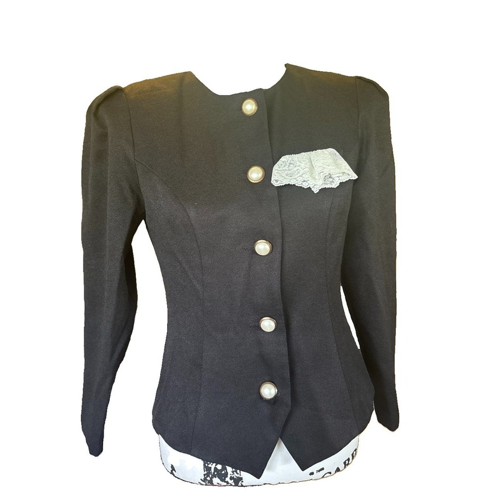 Melissa Petites Fitted Black Jacket Pearl Look Buttons Sz 4 Lace Pocket Square